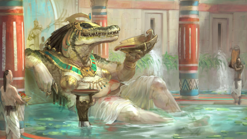 2016 alcohol anthro belly beverage bracelet breasts claws clothed clothing crocodile crocodilian crondis deity digital_media_(artwork) fangs female group hair hi_res human humanoid jewelry larger_female male mammal necklace official_art open_mouth plant reclining reptile runescape scalie servants sharp_teeth sitting size_difference slightly_chubby smaller_male teeth unknown_artist video_games water wet wet_clothes wine