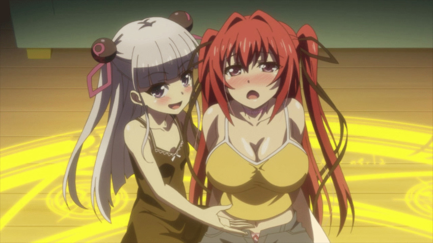 2girls animated animated_gif breasts cleavage heavy_breathing large_breasts long_hair multiple_girls naruse_maria naruse_mio red_hair shinmai_maou_no_testament white_hair