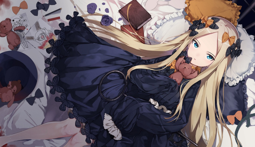 abigail_williams_(fate/grand_order) bangs bed_sheet black_bow black_dress black_hat blonde_hair blue_eyes book bow bug butterfly child_drawing dress fate/grand_order fate_(series) flower forehead frilled_pillow frills hair_bow hat hat_removed headwear_removed insect key lavinia_whateley_(fate/grand_order) long_hair long_sleeves looking_at_viewer lying object_hug on_back orange_bow oversized_object parted_bangs parted_lips pencil pillow polka_dot polka_dot_bow porch5681 purple_flower purple_rose rose sleeves_past_fingers sleeves_past_wrists solo stuffed_animal stuffed_toy teddy_bear very_long_hair