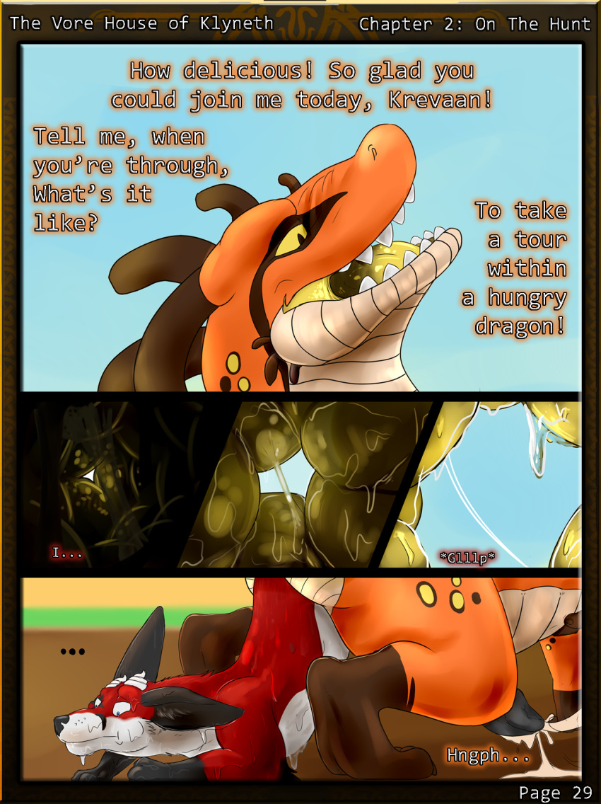 abdominal_bulge anus audition canine claws comic cum dragon fox fur horn inside_stomach knot krevaan_(cometfox) male mammal nolow penis runa216 scalie size_difference spike_(shade1) text the_vore_house_of_klyneth tongue vore