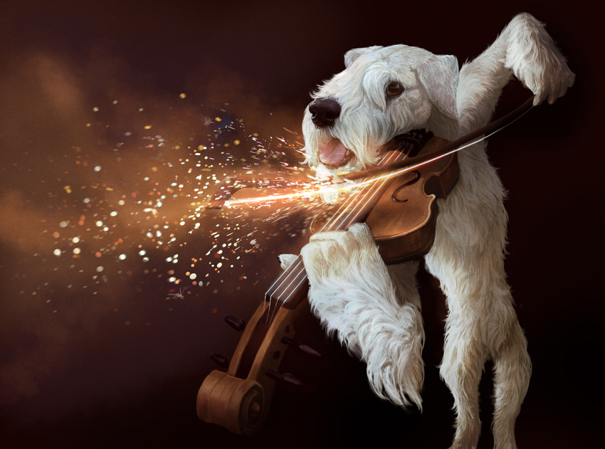 anatomy_error canine conditional_dnp dog fur mammal musical_instrument plantigrade playing_music playing_violin sparks tongue tongue_out trunchbull violin white_fur