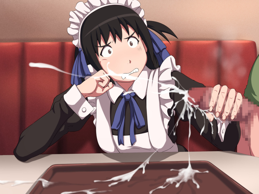 1girl arashiyama_hotori bangs black_hair bottomless breasts brown_eyes censored chin_rest clenched_teeth closed_mouth cum cum_explosion ejaculation hair_ribbon handjob highres indoors looking_at_viewer maid maid_headdress maku_(l-u) mosaic_censoring penis ribbon short_hair side_ponytail sitting solo_focus soredemo_machi_wa_mawatteiru standing table