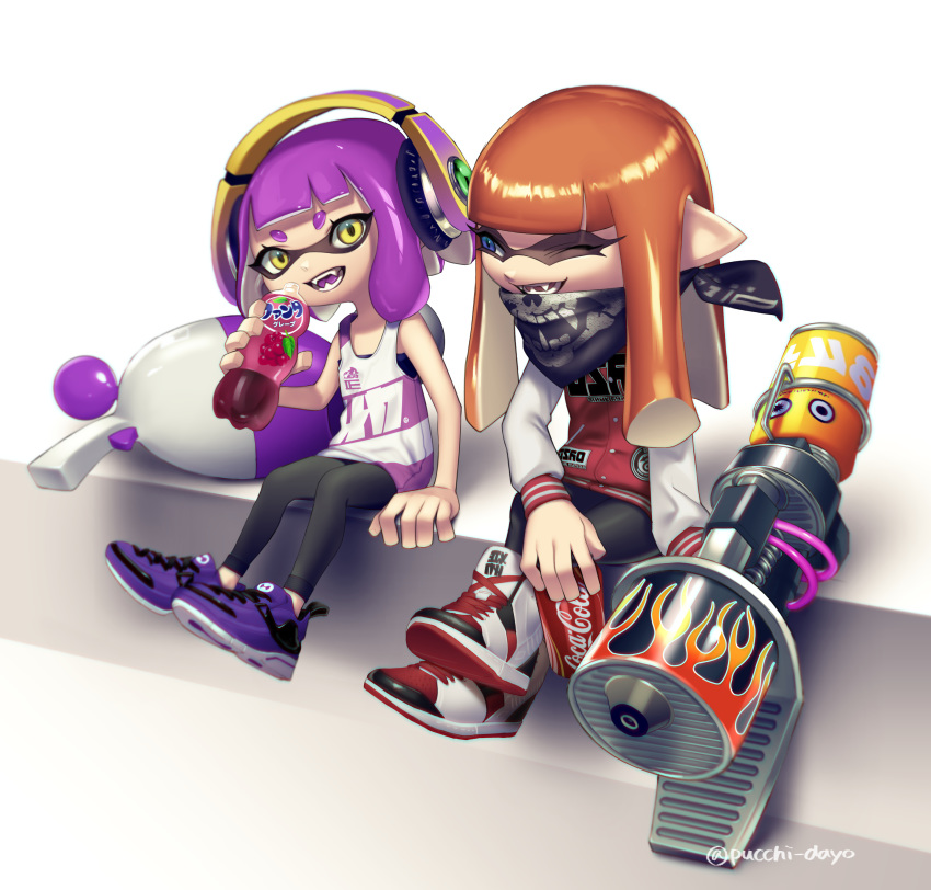 absurdres arm_support bandana bangs bike_shorts black_shorts blue_eyes blunt_bangs can coca-cola domino_mask fangs food headphones highres holding holding_food holding_weapon inkling inkling_(language) jacket leggings letterman_jacket logo long_hair long_sleeves looking_at_another luna_blaster_(splatoon) mask multiple_girls one_eye_closed open_mouth orange_hair pointy_ears puchiman purple_footwear purple_hair purple_tongue range_blaster_(splatoon) short_hair shorts single_vertical_stripe sitting skull_print smile soda_bottle soda_can splatoon_(series) splatoon_2 tank_top tentacle_hair twitter_username weapon white_footwear yellow_eyes