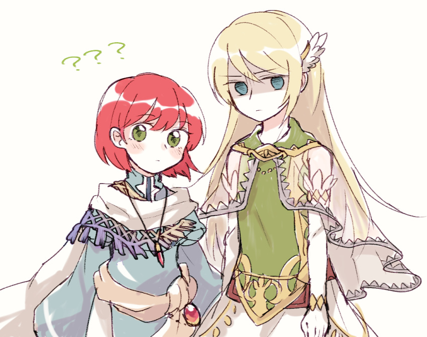 1girl ?? androgynous blonde_hair blue_eyes blush_stickers bridal_gauntlets capelet cloak cosplay costume_switch crossdressing dress feathers fire_emblem fire_emblem:_rekka_no_ken gloves green_dress green_eyes hair_feathers jewelry long_hair lucius otoko_no_ko pendant priscilla_(fire_emblem) red_hair robe sash see-through shaded_face short_hair simple_background sisuko1016 skirt upper_body white_background white_gloves wide_sleeves