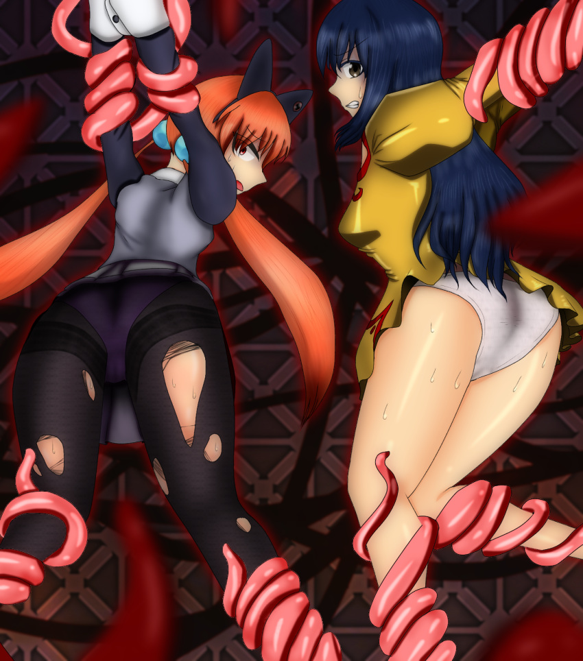 2girls agent_aika alisa_southerncross arms_behind_back artist_request ass blouse blue_hair bondage bound brown_eyes crossover delmo eyebrows eyebrows_visible_through_hair fake_animal_ears female golden_delmo hair_between_eyes hair_bobbles hair_bow hair_ornament hair_ribbon hairband keroro_gunsou long_hair looking_back low_twintails multiple_girls open_mouth orange_hair panties pantyhose pantyshot petoriyacowa_rie pink_eyes pixiv puffy_sleeves restrained ribbon shiny shiny_hair simple_background skirt spread_legs tentacle thighs torn_pantyhose trapped twintails underwear upskirt very_long_hair