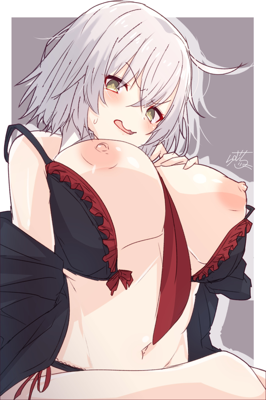 1girl ahoge bangs between_breasts black_bra black_jacket blush border bra breasts breasts_outside fate/grand_order fate_(series) grey_background hair_between_eyes hand_on_own_chest highres jacket jeanne_d'arc_(alter)_(fate) jeanne_d'arc_(fate)_(all) large_breasts looking_at_viewer navel nipples off_shoulder open_clothes open_jacket open_mouth puffy_nipples ramchi red_neckwear short_hair silver_hair simple_background sitting solo thighs underwear white_border yellow_eyes