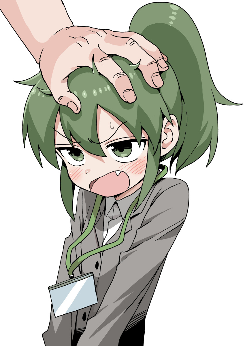 1girl absurdres bangs blush business_suit collared_shirt commentary_request fang formal green_eyes green_hair hand_on_another's_head highres igarashi_futaba_(shiromanta) jacket lanyard looking_up office_lady open_mouth out_of_frame ponytail senpai_ga_uzai_kouhai_no_hanashi shirt suit upper_body white_background yamamoto_souichirou