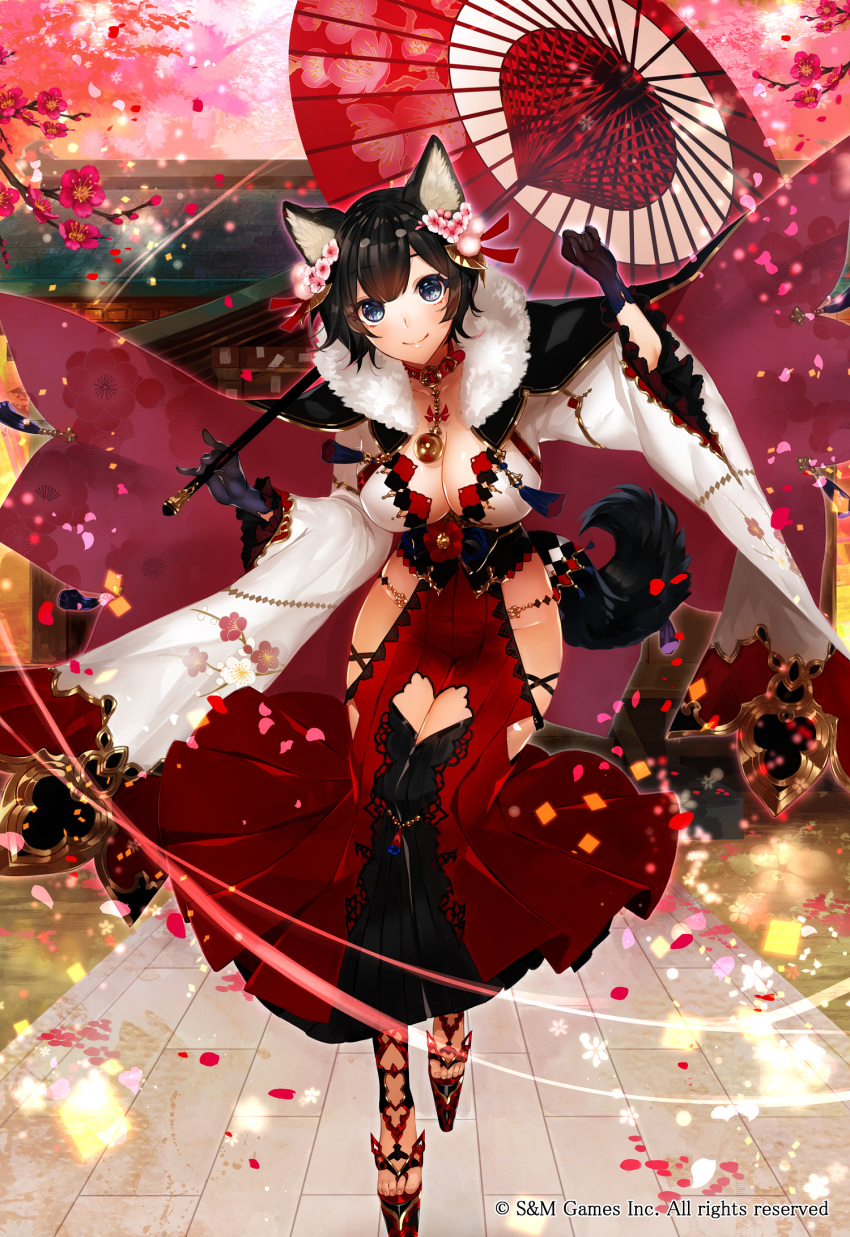 animal_ears apt bangs black_cape black_footwear black_gloves black_hair black_legwear blue_eyes blush breasts cape character_request cleavage closed_mouth commentary_request dog_ears dog_girl dog_tail eyebrows_visible_through_hair floral_print flower full_body fur-trimmed_cape fur_trim gloves groin gyakushuu_no_fantasica hair_flower hair_ornament head_tilt highres holding holding_umbrella impossible_clothes impossible_skirt large_breasts multicolored multicolored_cape multicolored_clothes official_art oriental_umbrella outdoors petals pink_flower platform_footwear pleated_skirt print_cape print_umbrella purple_cape purple_flower red_skirt red_umbrella skirt smile solo standing standing_on_one_leg tail toenails umbrella