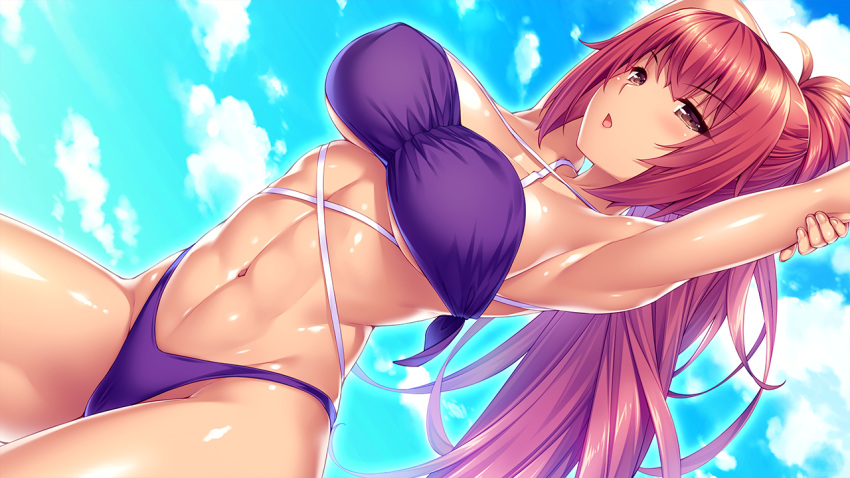 abs bikini blush breasts brown_eyes dark_skin kei_(tropical_liquor) large_breasts long_hair ponytail red_hair sayori shiny shiny_skin swimsuit tropical_liquor very_long_hair