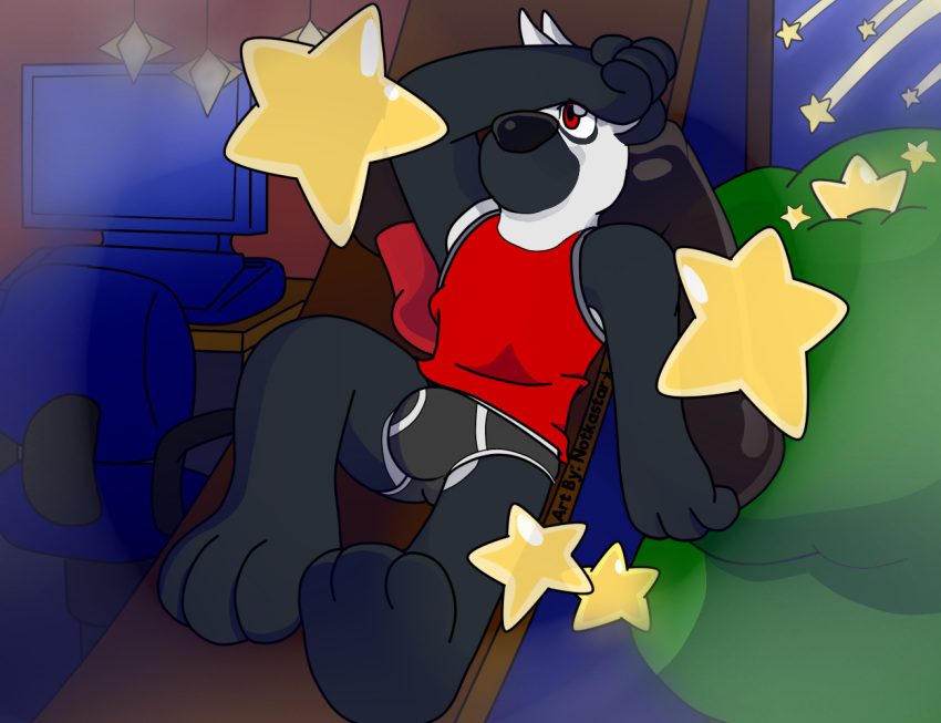 alpha_jay_(character) bear briefs building bulge chair clothing computer hi_res house jacket male mammal notkastar_(artist) panda solo star tagme tree underwear window