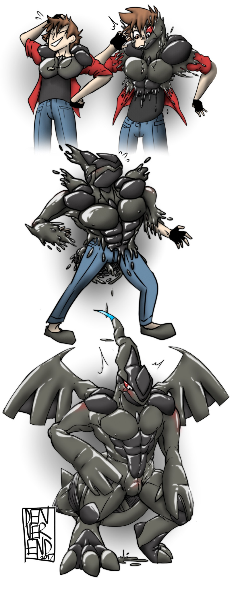 2017 3_toes 4_fingers 5_fingers abs absurd_res anthro brown_hair bulge claws clothed clothing denverend digital_drawing_(artwork) digital_media_(artwork) dragon eyes_closed gloves goo_transformation hair hi_res jewelry legendary_pok&eacute;mon liquid_latex male muscular muscular_male necklace nintendo pecs pok&eacute;mon pok&eacute;mon_(species) red_sclera rubber scalie shiny simple_background smile solo standing surprise teeth toe_claws toes transformation video_games white_background wings zekrom