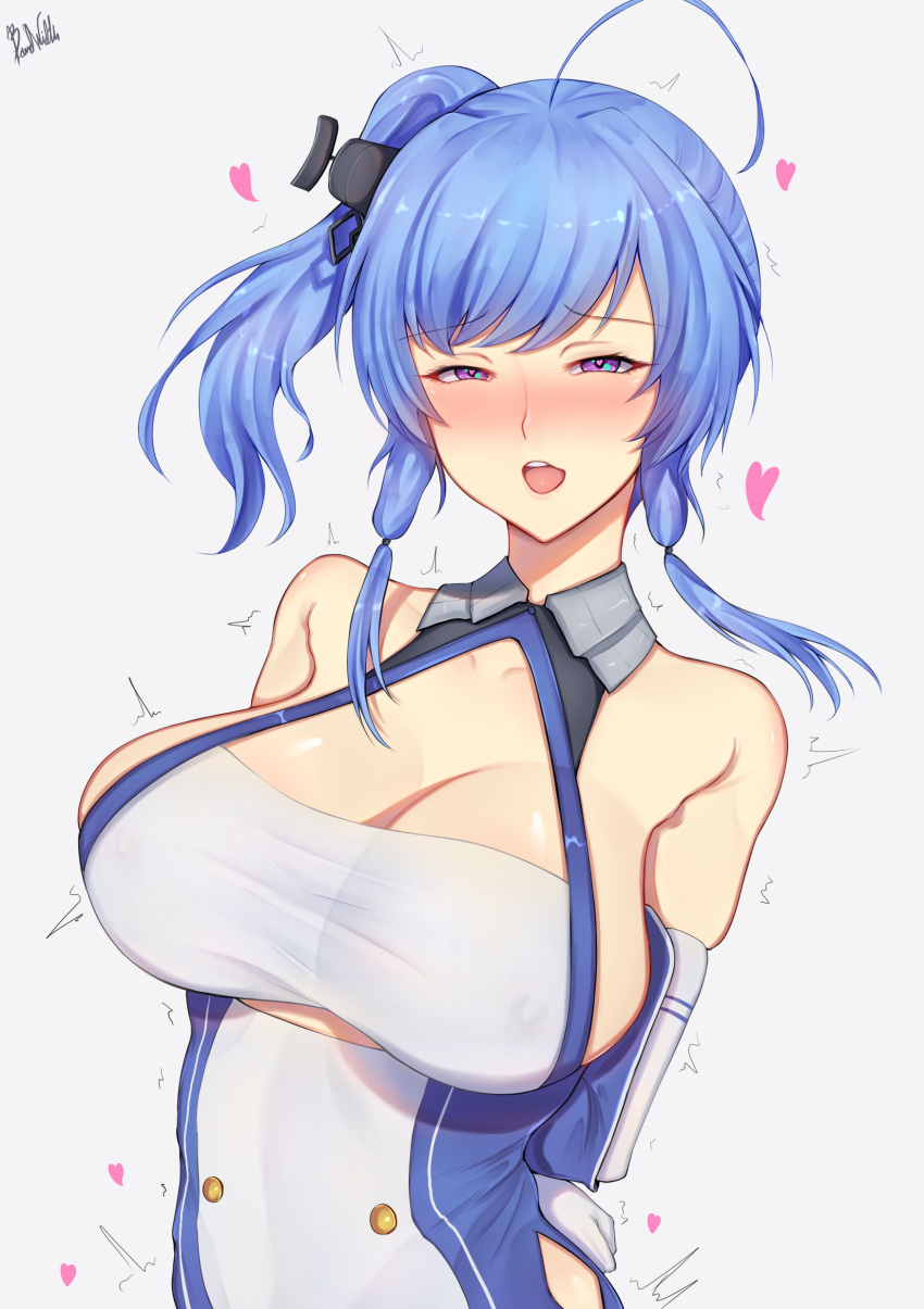 absurdres ahoge arms_behind_back artist_name azur_lane band-width bangs bare_shoulders blue_hair blush breasts cleavage commentary covered_nipples dress elbow_gloves eyebrows_visible_through_hair gloves grey_background heart heart-shaped_pupils highres large_breasts lips long_hair looking_at_viewer open_mouth purple_eyes shiny shiny_hair shiny_skin side_ponytail simple_background smile solo st._louis_(azur_lane) symbol-shaped_pupils teeth tongue white_gloves