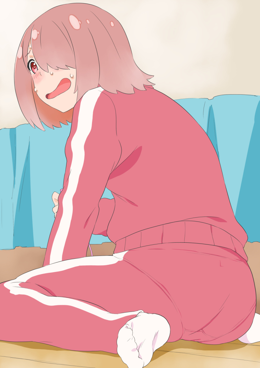 blossom_(gizen'yasan) blush commentary hair_over_one_eye highres holding hoshino_miyako_(wataten) implied_masturbation jacket orange_eyes orange_hair pants pantylines short_hair sitting socks sweat track_jacket track_pants track_suit wariza watashi_ni_tenshi_ga_maiorita! when_you_see_it