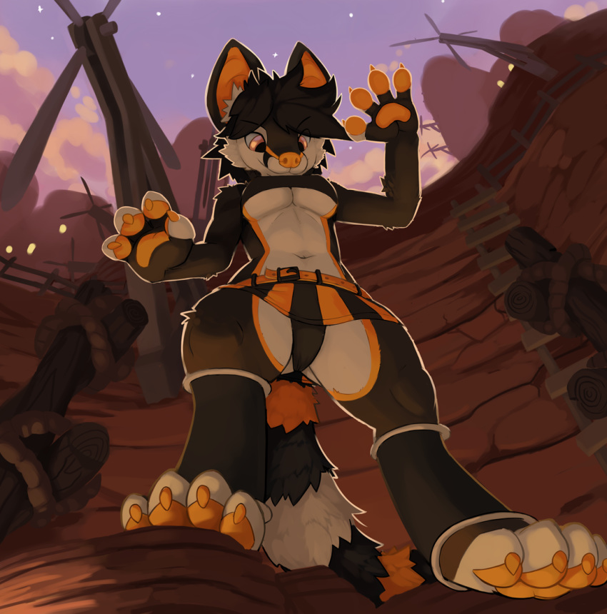 4_fingers 4_toes anthro black_fur breasts claws clothing female fur kulza ladder looking_down low-angle_view mammal orange_claws ozoneserpent procyonid ring-tailed_cat skirt solo striped_tail stripes toes under_boob upskirt