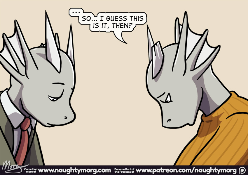 anthro brothers clothed clothing comic dialogue digital_media_(artwork) dragon english_text fin head_fin horn male naughtymorg necktie sad sibling suit text