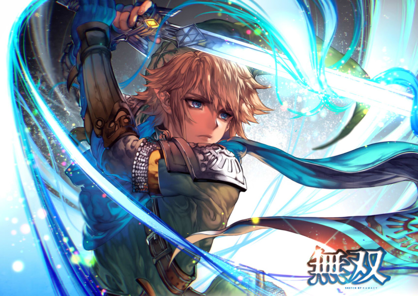 all_male aqua_eyes armor blonde_hair gloves hat kawacy link_(zelda) magic male pointed_ears scarf sword the_legend_of_zelda watermark weapon