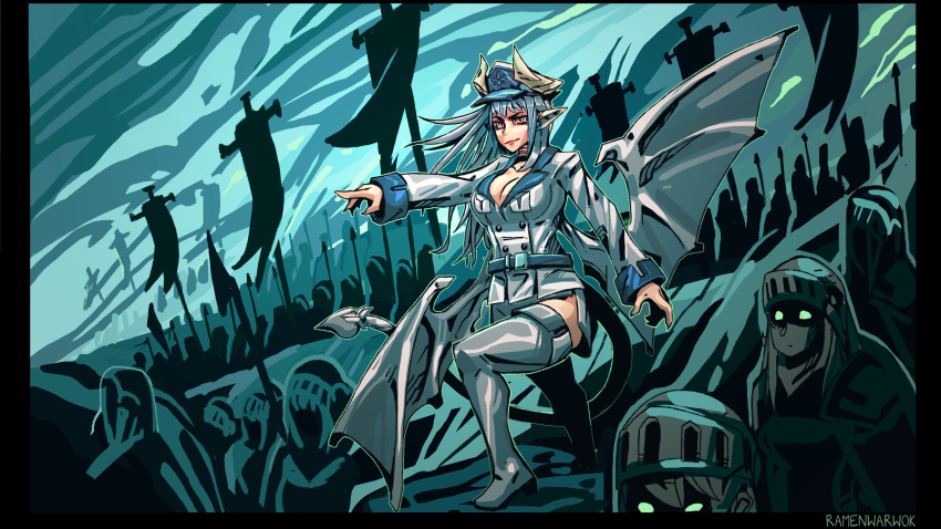 1girl absurdres army black_border blue blue_hat boots border breasts cleavage closed_mouth demon_girl demon_horns demon_tail demon_wings grey_footwear hat highres horns jacket large_breasts long_hair monster_girl_encyclopedia orange_eyes original peaked_cap pointing ramenwarwok signature smile solo_focus tail thigh_boots thighhighs victoria_(lilim) white_jacket wings