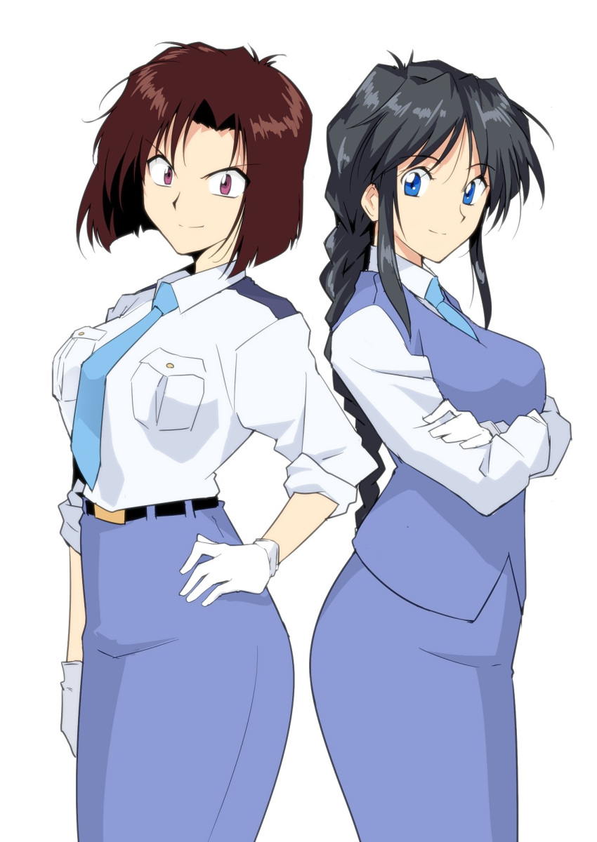 asymmetrical_bangs back-to-back bangs belt black_hair blue_eyes braid breast_pocket breasts brown_hair collared_shirt cowboy_shot crossed_arms gloves hand_on_hip harukon_(halcon) highres kobayakawa_miyuki large_breasts long_hair long_skirt long_sleeves looking_at_viewer multiple_girls necktie parted_bangs pocket police police_uniform policewoman purple_eyes shiny shiny_hair shirt short_hair sidelocks single_braid skirt sleeves_rolled_up smile tsujimoto_natsumi uniform vest white_gloves you're_under_arrest