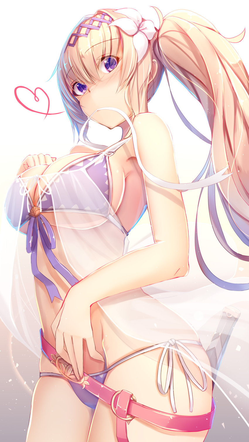 absurdres belt bikini blonde_hair blush breasts cleavage closed_mouth commentary_request eyebrows_visible_through_hair flower front-tie_bikini front-tie_top granblue_fantasy hair_flower hair_intakes hair_ornament hairband hand_on_own_chest heart highres jeanne_d'arc_(granblue_fantasy) large_breasts long_hair looking_at_viewer nose_blush purple_bikini purple_eyes purple_hairband see-through sheath side-tie_bikini side-tie_bottom simple_background solo standing swimsuit tatapopo underboob white_background