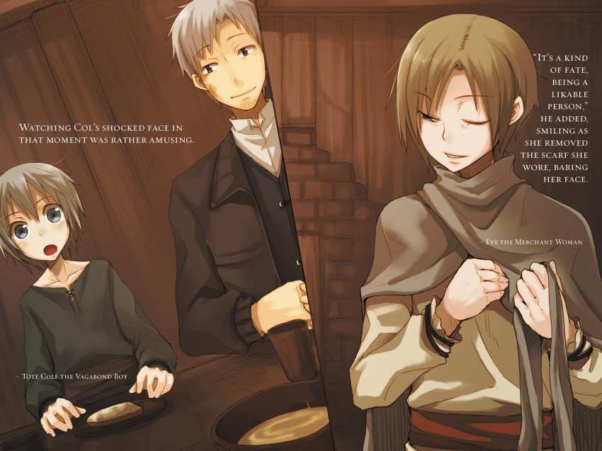 2boys ;) ayakura_juu blue_eyes brown_hair bruise_on_face collarbone craft_lawrence dress_shirt eve_bolan grey_hair highres holding indoors jacket looking_at_viewer multiple_boys novel_illustration official_art one_eye_closed open_mouth parted_lips shirt short_hair silver_hair sitting smile spice_and_wolf tote_col white_shirt