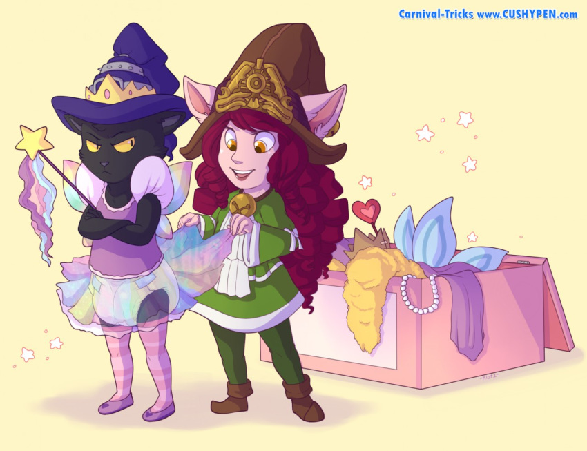 carnival_tricks clothed clothing crossdressing crown diaper female grumpy league_of_legends legwear lulu magic_wand male riot_games simple_background skirt stockings tiara veigar video_games yordle