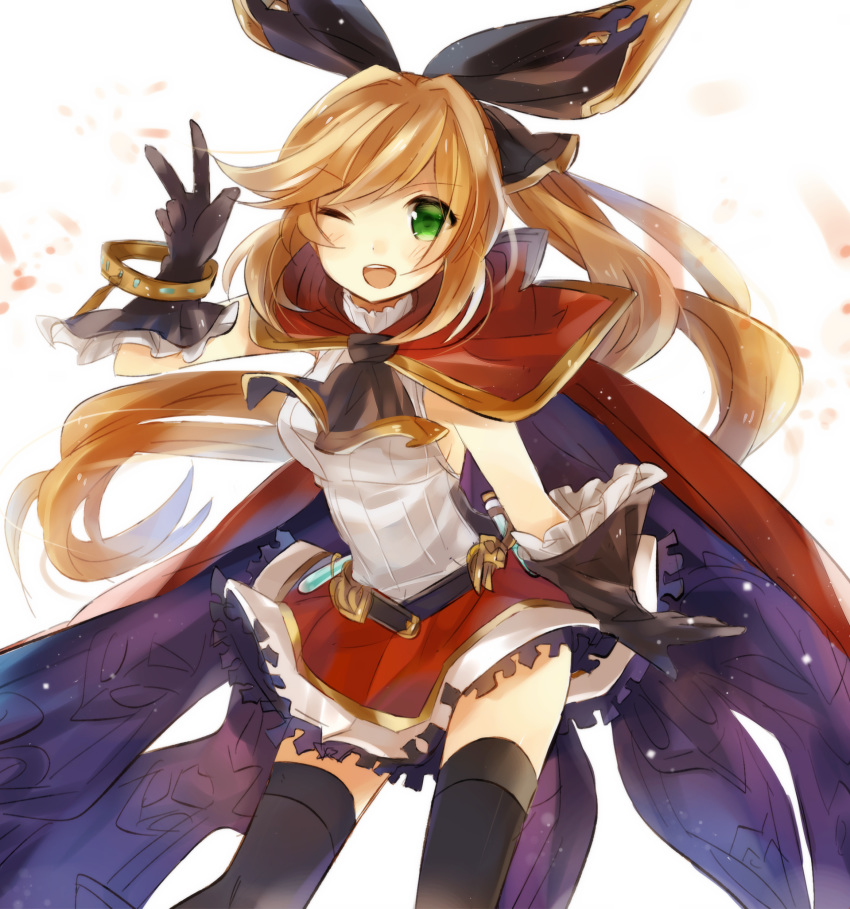 ;d absurdres aqua_eyes armpits black_gloves black_legwear black_ribbon bracelet brown_hair cape clarisse_(granblue_fantasy) commentary_request gloves granblue_fantasy green_eyes hair_ribbon highres jewelry long_hair one_eye_closed open_mouth orange_hair ponytail ribbon shiohito_(sio61book) sleeveless smile solo test_tube thighhighs v