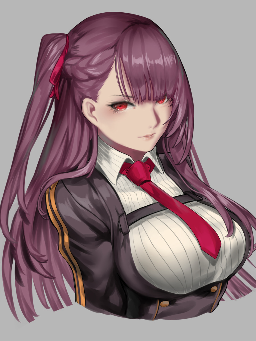 absurdres bangs braid breasts collared_shirt commentary cropped_torso double-breasted expressionless framed_breasts girls_frontline grey_background hair_ribbon half_updo highres jacket kumiko_shiba large_breasts lips long_hair looking_at_viewer necktie one_side_up purple_hair red_eyes red_neckwear ribbon shirt sidelocks simple_background solo striped striped_shirt tsurime underbust upper_body wa2000_(girls_frontline)