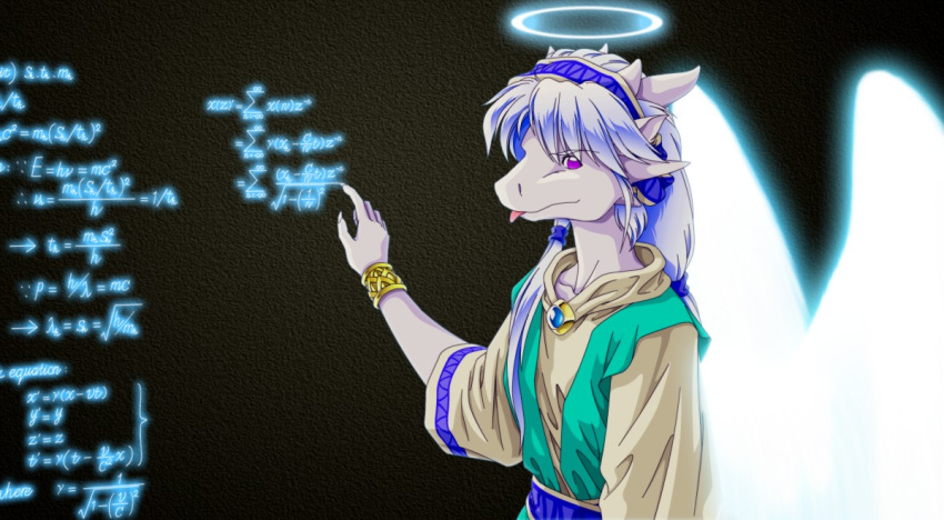 angel angel_dragon anthro clothing dragon forest hair halo lizardseraphim long_hair looking_at_viewer mathematics missia scalie seraphim teacher tongue tongue_out tree wings