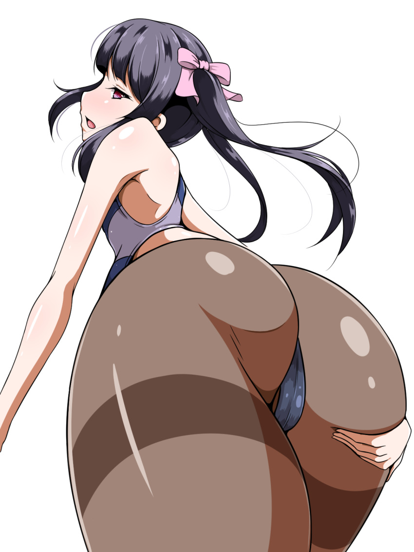 1girl aimo_(aimo1214) ass ass_grab black_hair black_legwear blush grabbing_own_ass hair_ornament hair_ribbon highres hips huge_ass looking_at_viewer looking_back open_mouth pantyhose pantyhose_under_swimsuit red_eyes ribbon senki_zesshou_symphogear shiny simple_background solo swimsuit swimwear tsukuyomi_shirabe twintails white_background wide_hips