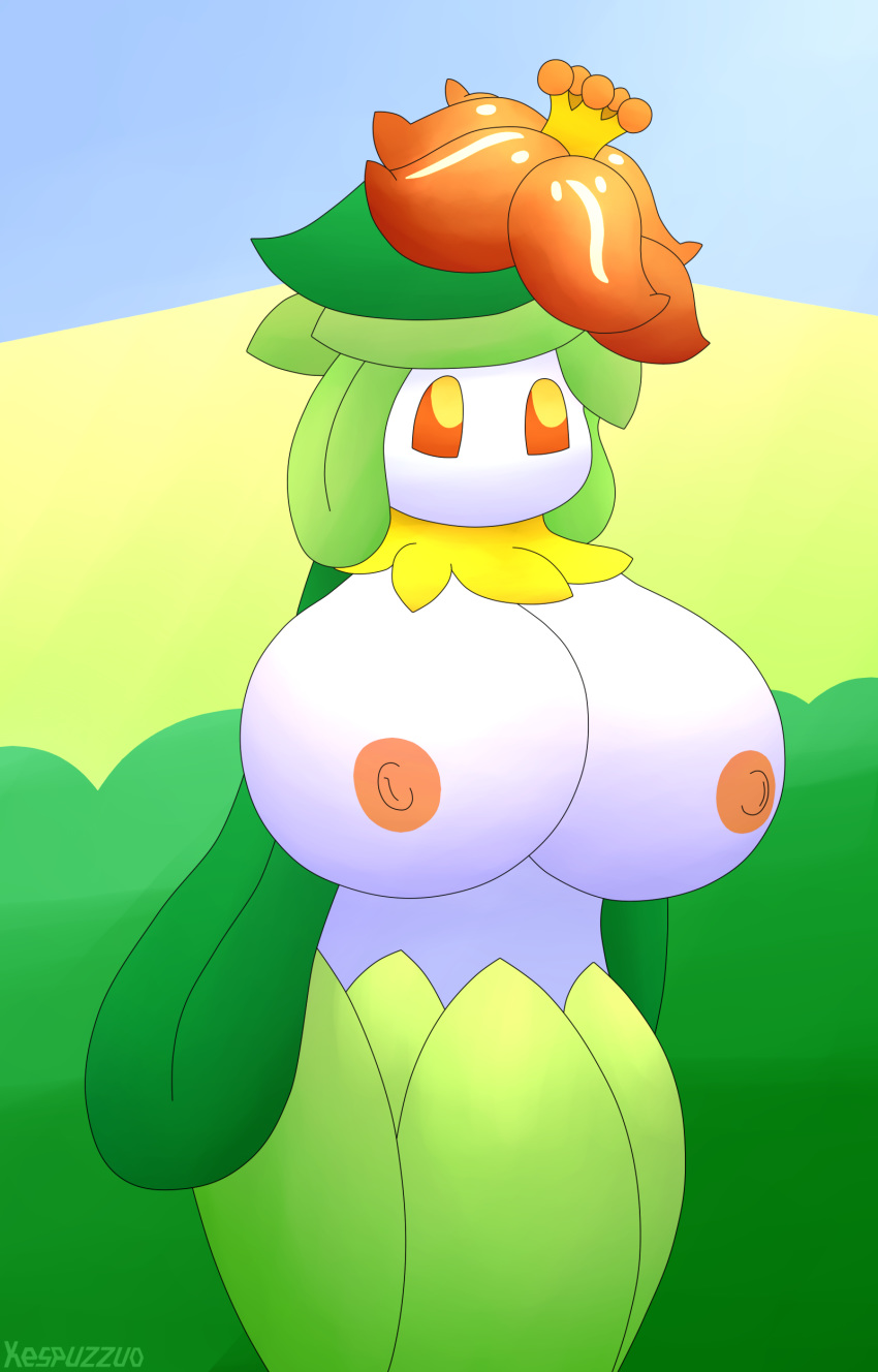 2018 areola big_breasts breasts clothed clothing crown female flora_fauna flower hi_res humanoid kespuzzuo lilligant looking_up nintendo nipples orange_eyes orange_nipples outside plant pok&eacute;mon pok&eacute;mon_(species) pseudo_clothing sky solo topless video_games white_body