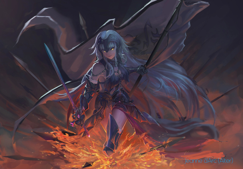 armor armored_boots armored_dress bare_shoulders black_dress black_gloves boots breasts chain commentary dress dual_wielding english_commentary fate/grand_order fate_(series) fire flag fur_trim gauntlets gloves headpiece highres holding holding_flag holding_sword holding_weapon jeanne_d'arc_(alter)_(fate) jeanne_d'arc_(fate)_(all) large_breasts navel silver_hair solo stomach sword thighs ushas weapon yellow_eyes