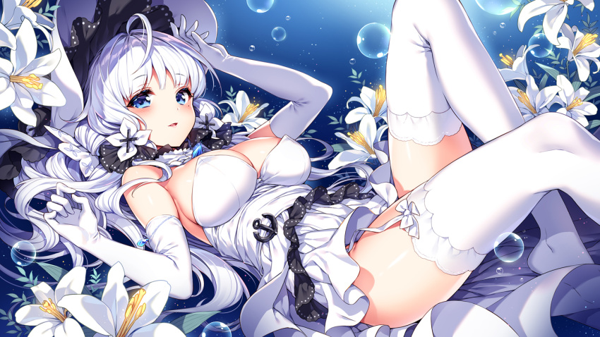 air_bubble anchor azur_lane bangs bare_shoulders blue_eyes blush breasts bubble cleavage commentary_request detached_collar dress elbow_gloves eyebrows_visible_through_hair flower garter_straps gloves hat illustrious_(azur_lane) large_breasts lily_(flower) long_hair looking_at_viewer lying mole mole_under_eye nardack on_back parted_lips short_dress simple_background solo strapless strapless_dress thighhighs underwater very_long_hair white_dress white_gloves white_hair white_legwear zettai_ryouiki