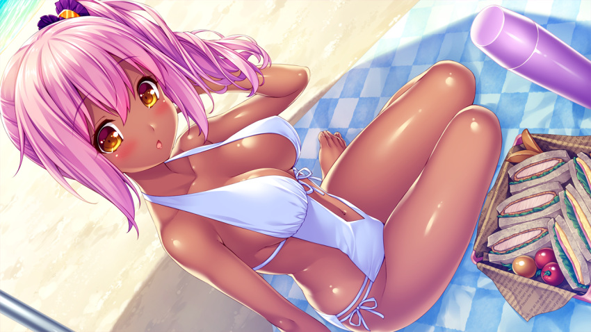 blush breasts dark_skin ema_(tropical_liquor) hair_ornament long_hair medium_breasts pink_hair sayori shiny shiny_skin swimsuit tropical_liquor white_swimsuit yellow_eyes