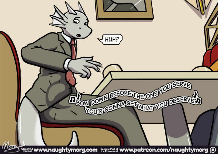 anthro clothed clothing comic digital_media_(artwork) dragon english_text fin head_fin horn male naughtymorg necktie restaurant ringtone sitting suit text