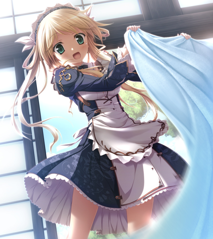 :d apron blonde_hair blush breasts chrono_clock dorothy_davenport eyebrows_visible_through_hair floating_hair frilled_apron frills game_cg green_eyes highres holding indoors long_hair maid maid_headdress medium_breasts official_art open_door open_mouth smile solo standing tsukimori_hiro twintails white_apron