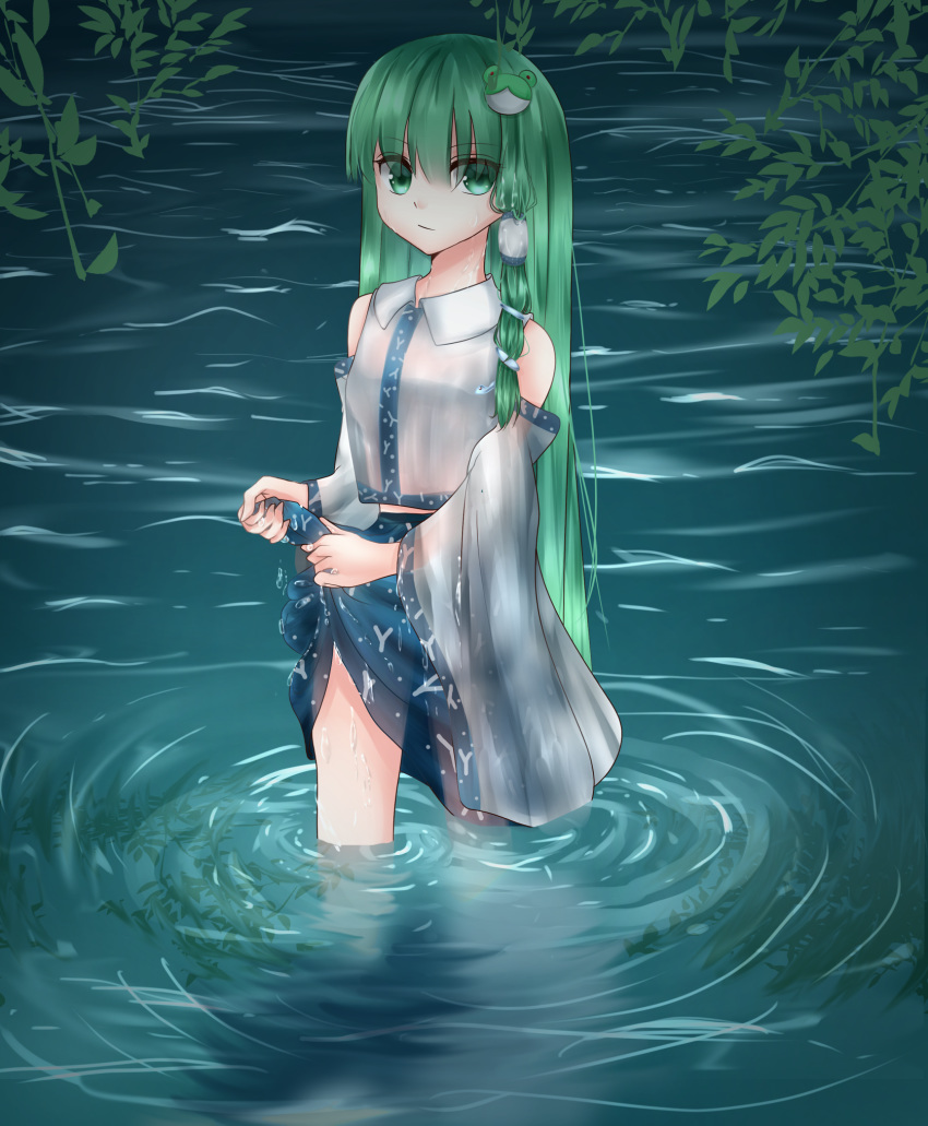 bad_id bad_pixiv_id blue_skirt breasts closed_mouth collared_shirt commentary detached_sleeves eyebrows_visible_through_hair eyes_visible_through_hair frog_hair_ornament green_eyes green_hair hair_ornament hair_tubes highres kochiya_sanae leaf long_hair looking_at_viewer medium_breasts midriff_peek reflection ripples ruuna_0111 shirt skirt snake_hair_ornament solo standing touhou very_long_hair wading water wet wet_clothes white_shirt wide_sleeves wringing_clothes wringing_skirt