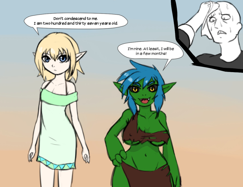 black_sclera blonde_hair blue_eyes blue_hair clothed clothing dialogue dress elf fangs female gnollykins goblin green_skin hair human humanoid loincloth male mammal not_furry shortstack simple_background skimpy sweat yellow_eyes young