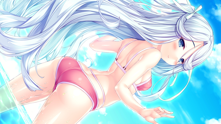 ass bikini blue_eyes blush breasts hair_ribbon karen_(tropical_liquor) long_hair pink_swimsuit ribbon sayori shiny shiny_skin silver_hair small_breasts swimsuit tropical_liquor very_long_hair