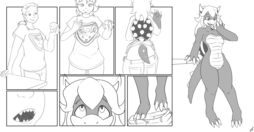 2018 anthro breast_growth breasts claws clothed clothing comic delta_rune emblem female gender_transformation hair halcy0n horn human human_to_anthro koopa long_hair male mammal mario_bros monochrome mtf_transformation navel nintendo nude open_mouth pants ponytail pussy scalie shirt simple_background smile solo standing surprise tail_growth torn_clothing transformation undertale video_games white_background