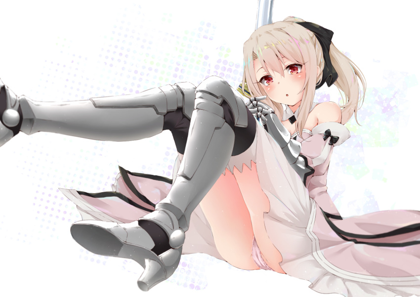 armor armored_boots artoria_pendragon_(all) ass bare_shoulders black_ribbon blonde_hair blush boots cameltoe commentary cosplay detached_collar detached_sleeves dress excalibur fate/kaleid_liner_prisma_illya fate_(series) gauntlets hair_between_eyes hair_ribbon high_heel_boots high_heels highres illyasviel_von_einzbern long_hair looking_at_viewer meiji_(gldm-meiji) panties pantyshot pink_panties ponytail red_eyes ribbon saber_lily saber_lily_(cosplay) simple_background solo sword underwear weapon white_dress