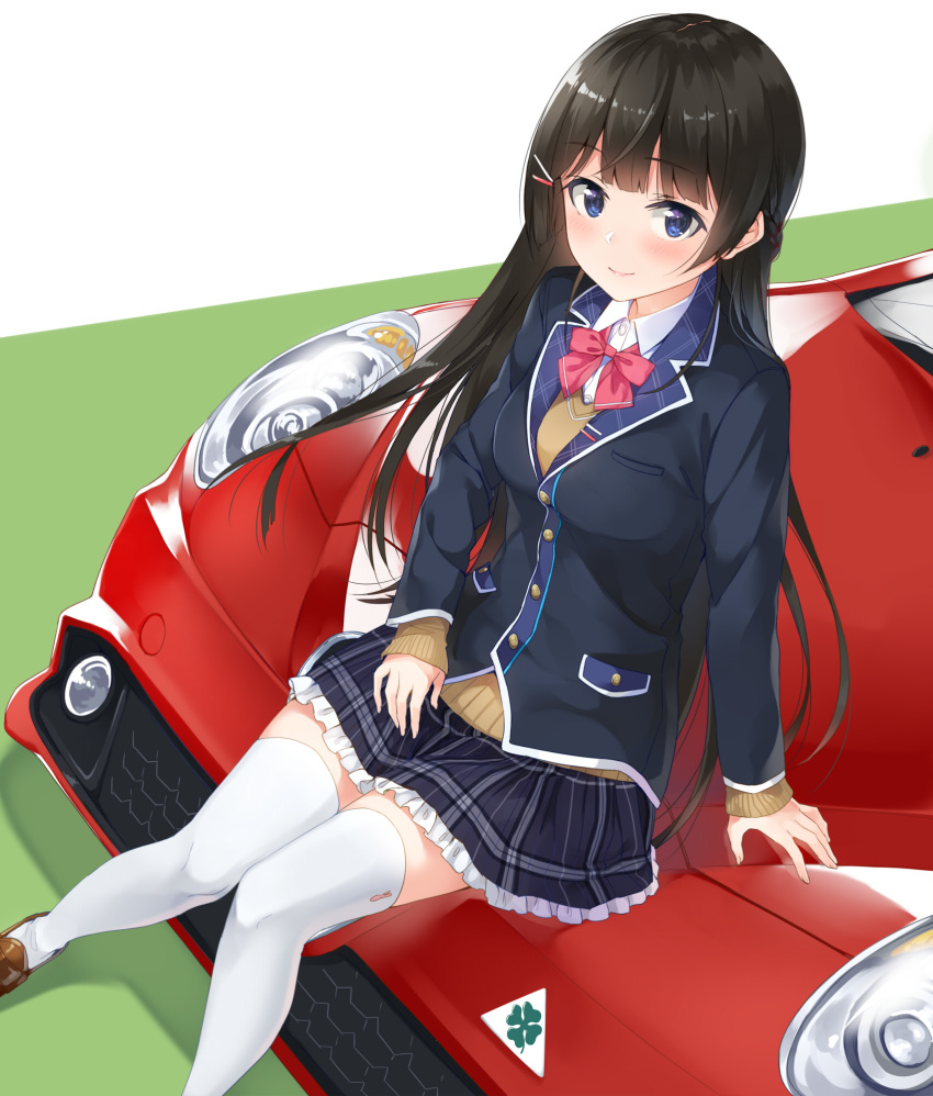 alfa_romeo bangs black_hair blue_eyes blush bow bowtie breasts car commentary_request ground_vehicle hair_ornament hairclip highres long_hair looking_at_viewer medium_breasts motor_vehicle namesake nijisanji on_vehicle school_uniform sitting solo thighhighs tsukino_mito unasaka_ryou virtual_youtuber white_legwear zettai_ryouiki