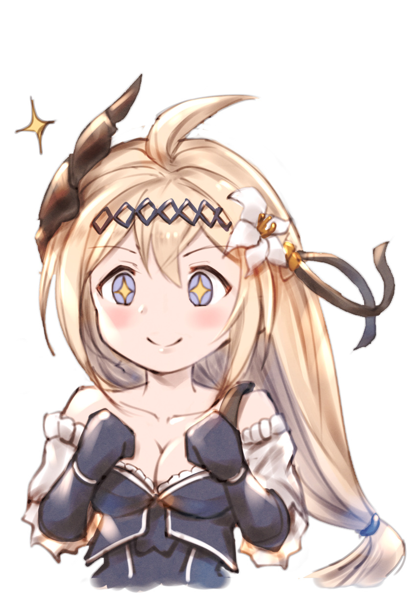 &gt;:) 1girl absurdres ahoge bangs bare_shoulders black_ribbon blonde_hair blue_dress blue_eyes blue_gloves blush breasts cleavage closed_mouth collarbone detached_sleeves dress elbow_gloves eyebrows_visible_through_hair flower gloves granblue_fantasy hair_between_eyes hair_flower hair_ornament hair_ribbon highres horns jeanne_d'arc_(granblue_fantasy) long_hair long_sleeves low-tied_long_hair medium_breasts milli_little ribbon smile solo transparent_background v-shaped_eyebrows very_long_hair white_flower