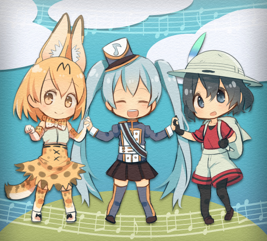 :d ^_^ backpack bag black_hair black_legwear black_skirt blonde_hair blue_eyes blue_hair bow bowtie chibi closed_eyes crossover doremifa_rondo_(vocaloid) extra_ears hair_between_eyes hat hat_feather hatsune_miku high-waist_skirt highres holding_hands kaban_(kemono_friends) kemono_friends long_hair looking_at_viewer mini_hat mini_top_hat multiple_girls musical_note open_mouth pantyhose pantyhose_under_shorts pleated_skirt print_bow print_legwear print_neckwear print_skirt red_shirt serval_(kemono_friends) serval_print serval_tail shirt short_hair shorts skirt smile tail thighhighs top_hat twintails very_long_hair vocaloid white_hat yellow_eyes yutsu