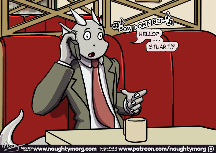 anthro clothed clothing comic dialogue digital_media_(artwork) dragon english_text fin head_fin horn male naughtymorg necktie phone restaurant sitting suit text