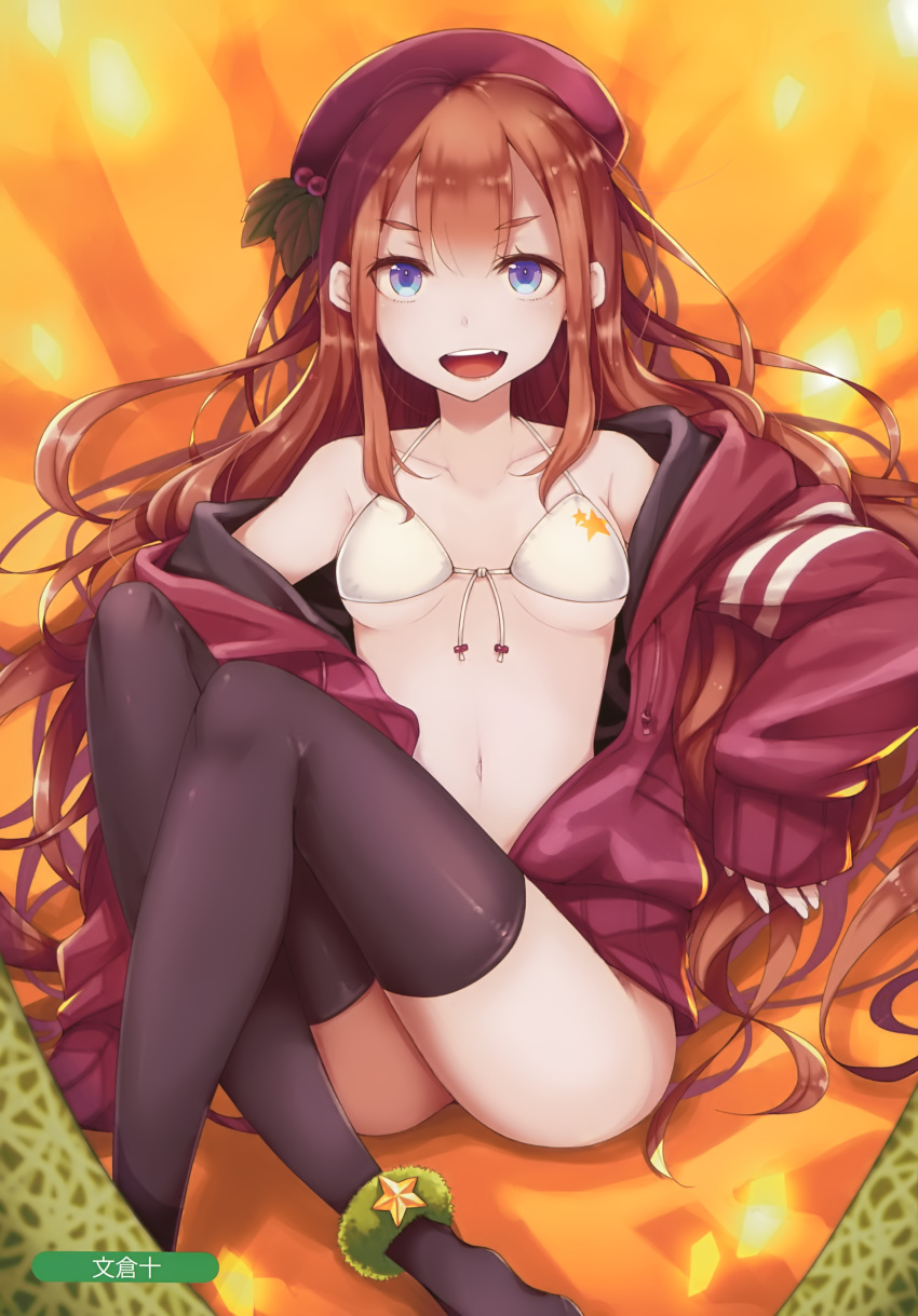 :d absurdres anklet arm_support artist_name ayakura_juu bare_shoulders beret bikini_top black_legwear blue_eyes blush breasts breasts_apart collarbone double_vertical_stripe drawstring fang feet_out_of_frame hat highres jacket jewelry knees_up leaf long_hair long_sleeves looking_at_viewer melonbooks navel no_shoes off_shoulder open_clothes open_jacket open_mouth orange_hair red_hat red_jacket round_teeth scan sitting sleeves_past_wrists small_breasts smile solo star stomach tareme teeth thighhighs thighs track_jacket underboob v-shaped_eyebrows very_long_hair white_bikini_top