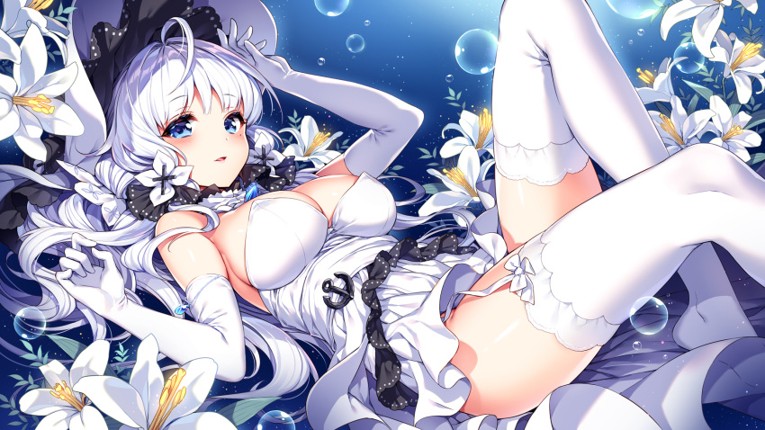 aqua_eyes azur_lane blush bow breasts bubbles elbow_gloves flowers garter_belt gloves hat illustrious_(azur_lane) long_hair nardack nopan stockings thighhighs underwater water white_hair