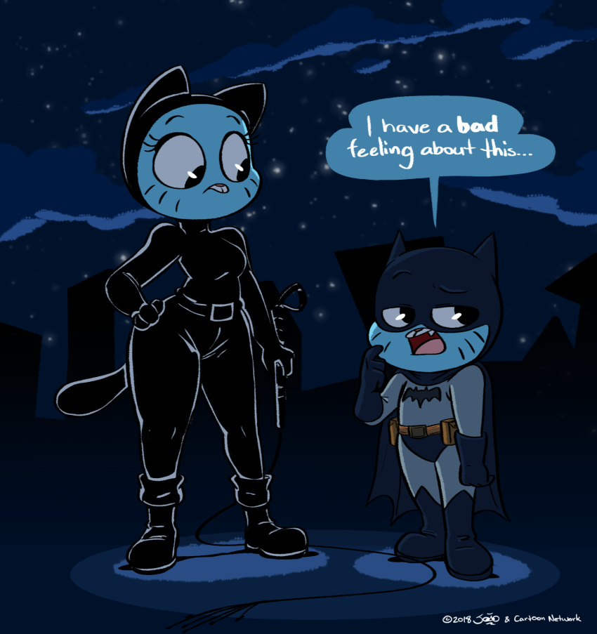 2018 age_difference anthro batman batman_(series) blue_fur breasts cartoon_network cat catwoman dialogue digital_media_(artwork) duo feline female frown fur gumball_watterson half-closed_eyes hand_on_hip joaoppereiraus male mammal mature_female mother mother_and_son nicole_watterson parent pose size_difference son standing the_amazing_world_of_gumball whiskers young