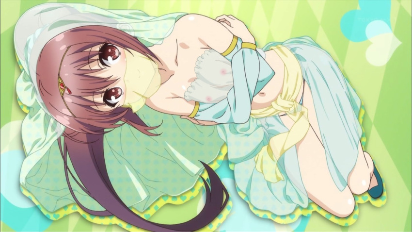 10s 1girl arabian_clothes bare_shoulders brown_eyes brown_hair detached_sleeves hair_ornament harem_outfit jinsei long_hair midriff navel nipples ponytail see-through shitaya_tomoyuki smile solo suzuki_ikumi_(jinsei) veil