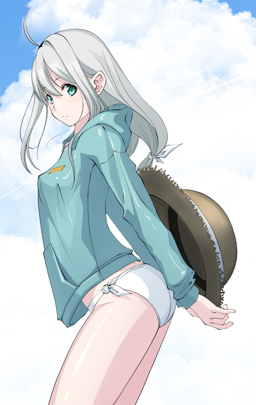 ahoge aqua_eyes blue_sky bow breasts closed_mouth cloud commentary condensation_trail day eromanga_sensei green_hoodie hair_bow hat highres hood hoodie izumi_sagiri large_breasts locks long_hair looking_at_viewer outdoors silver_hair sky solo sun_hat swimsuit tomcat white_bikini_bottom white_bow white_swimsuit