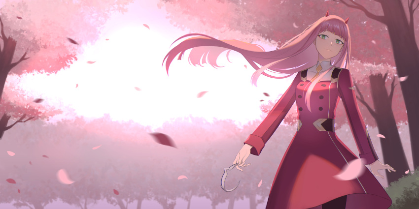 absurdres aqua_eyes bangs bush cherry_blossoms commentary darling_in_the_franxx english_commentary eyebrows_visible_through_hair eyeshadow green_eyes hairband hairband_removed highres horns long_hair makeup orange_neckwear petals pink_hair shiny shiny_hair solo straight_hair tree uniform white_hairband yunyunzhi zero_two_(darling_in_the_franxx)